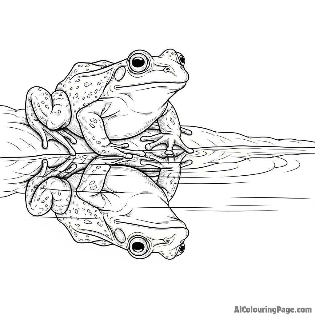 A frog looking at its own reflection in a perfectly still pond.