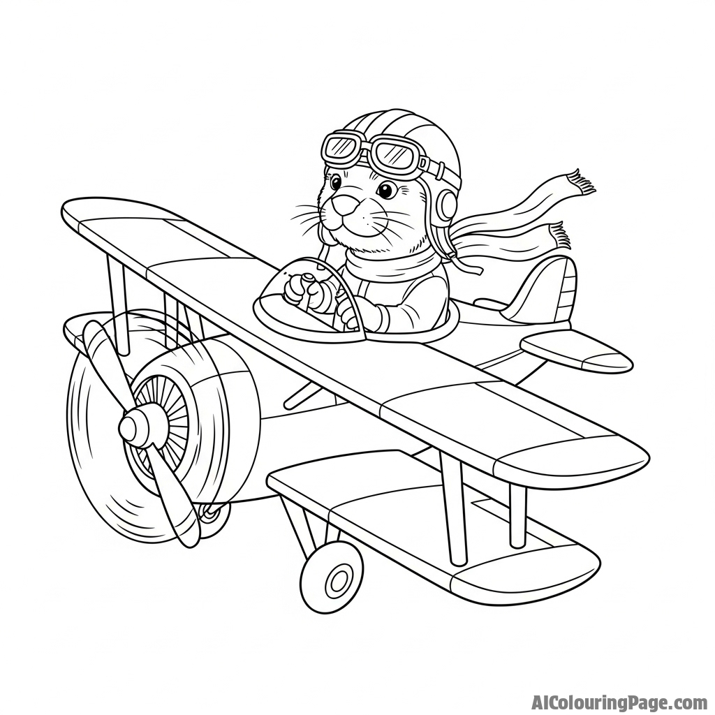 A heroic otter as a pilot, at the controls of a miniature biplane.