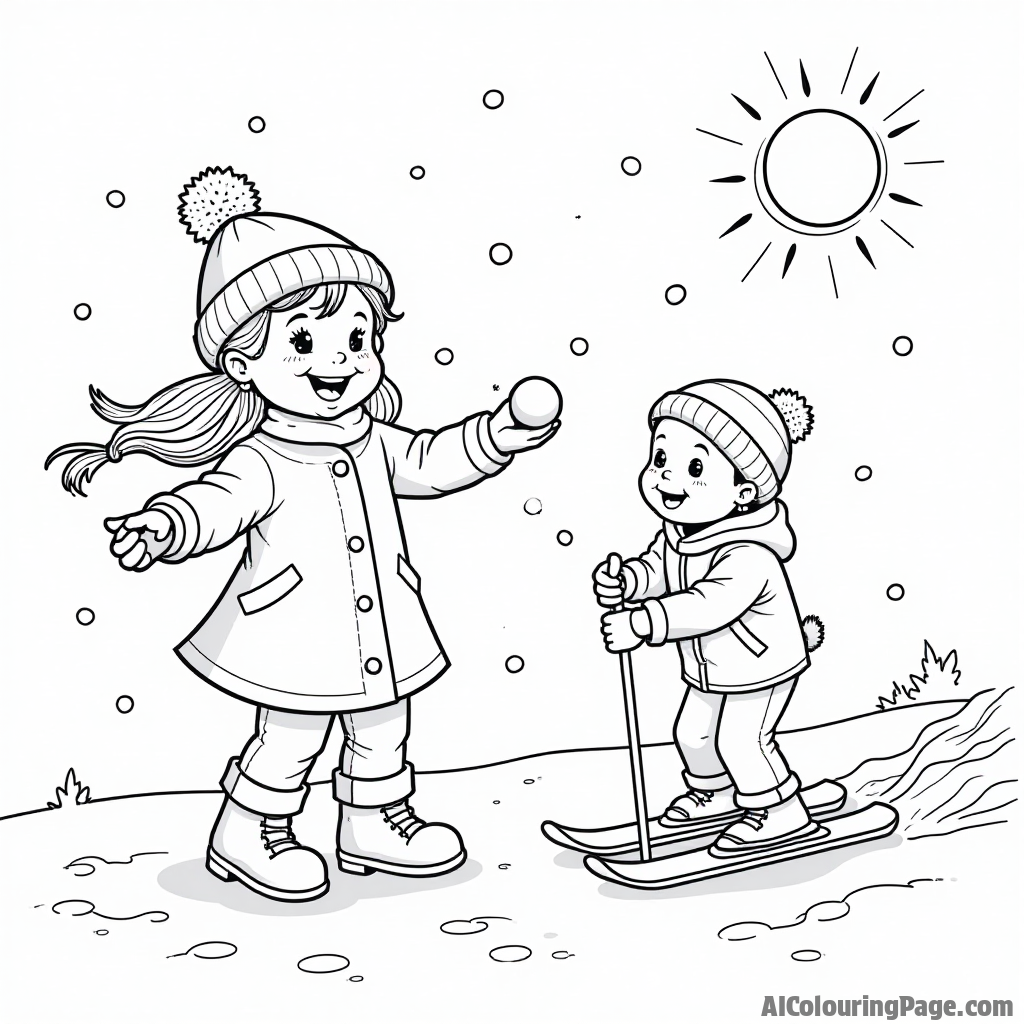 A joyful little girl making snowballs while her brother skis nearby, with snowflakes and a bright sun shining down on their playful winter day for a creative coloring experience.