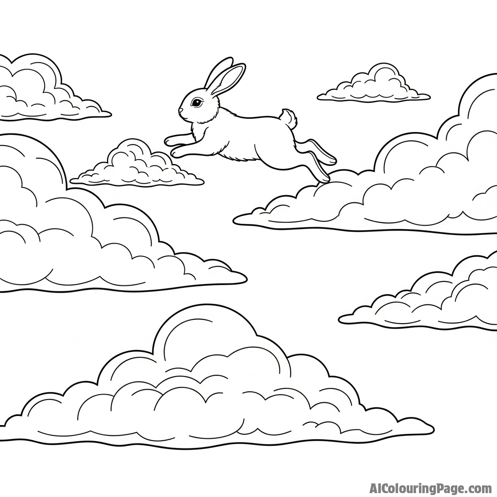 A surreal image of a bunny hopping on fluffy clouds high in the sky.