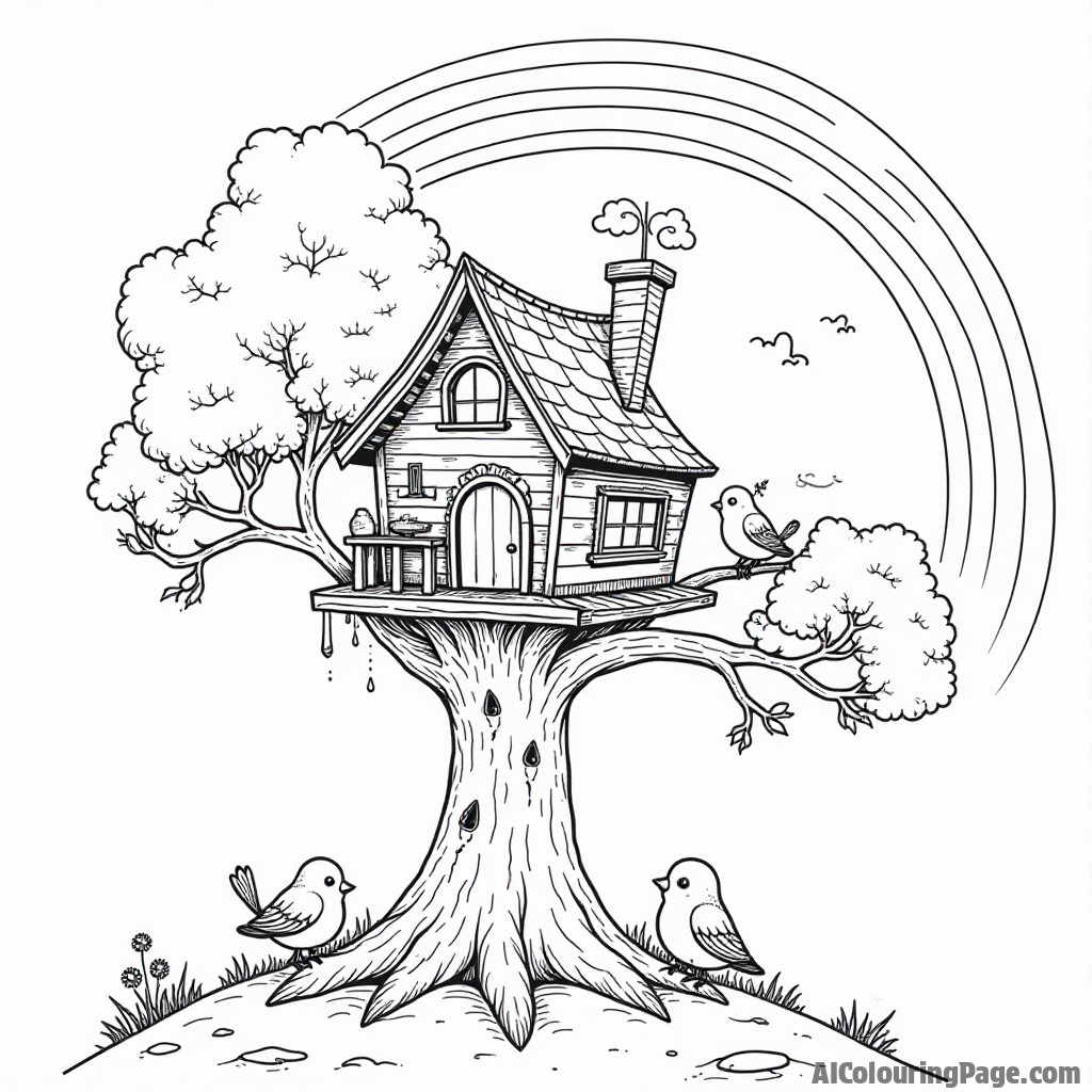 A whimsical treehouse on a planet with three friendly birds perched on branches and a rainbow arching overhead.