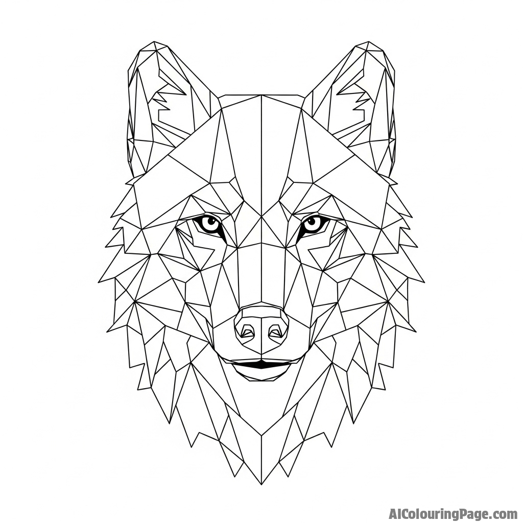 A low-poly, geometric rendering of a wolf's head, created from sharp-edged polygons.