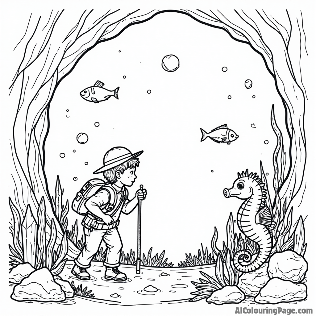 A brave underwater explorer discovering a hidden cave filled with sparkling crystals, accompanied by a friendly seahorse and schools of fish, perfect for imaginative young artists.