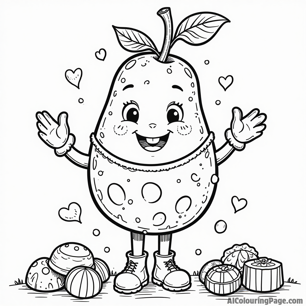 A friendly fruit character wearing a candy costume, surrounded by colorful candies and chocolates for children to color joyfully.