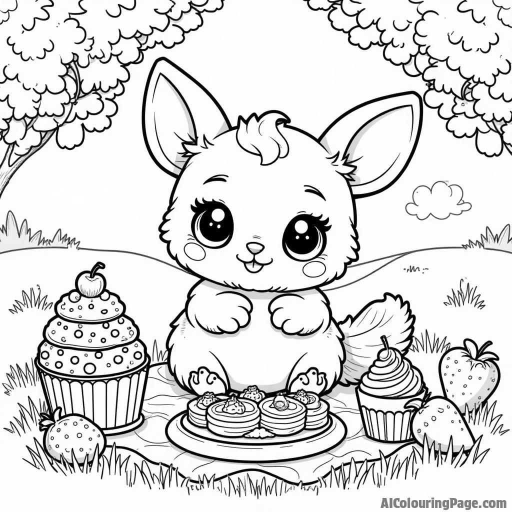 A Hatchimal enjoying a picnic with friends, surrounded by delicious treats like cupcakes and fruits, providing a delightful scene for kids to bring to life with colors in this Toys and Games Coloring Pages theme.