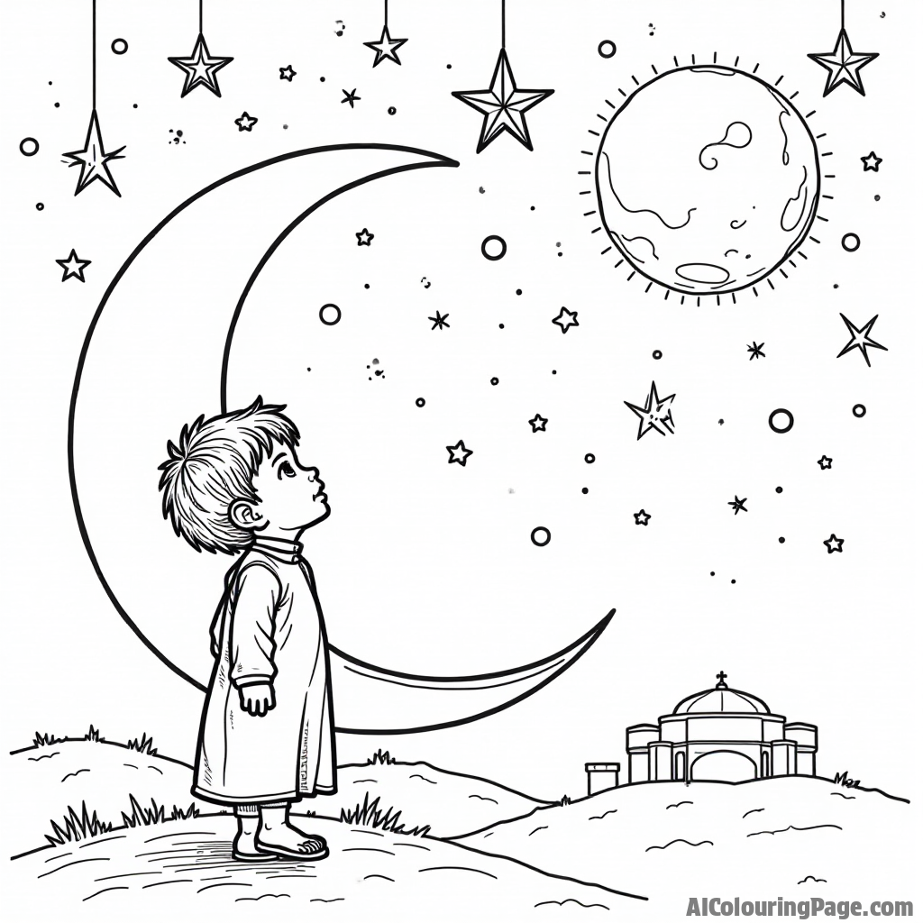 A peaceful night sky with a glowing moon and stars, along with a silhouette of a child looking up in wonder, celebrating the magic of Ramadan. Festivals and Traditions Coloring Sheets.