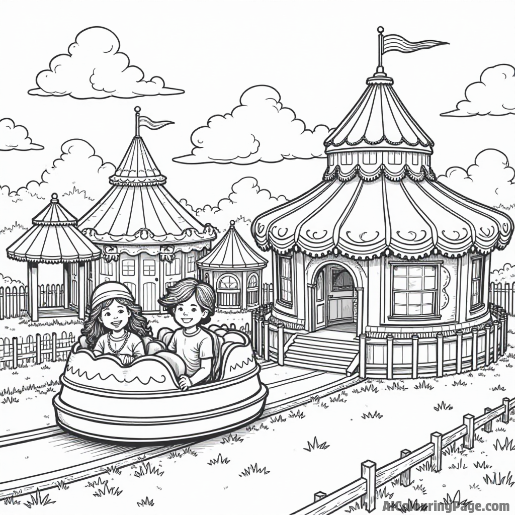 A cupcake-themed amusement park with rides shaped like cupcakes, children having fun, and delicious smells in the air.