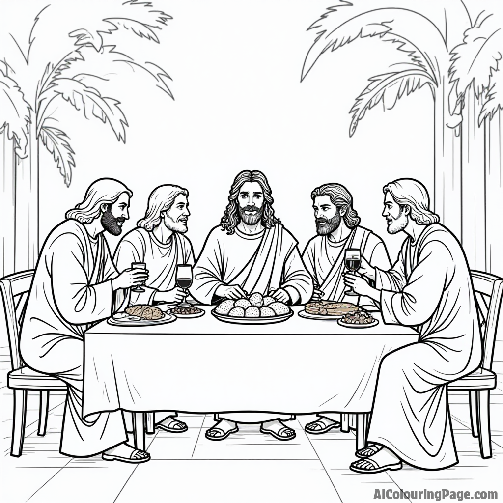 The Last Supper with Jesus and his disciples, a table filled with bread and wine, surrounded by simple decorations.