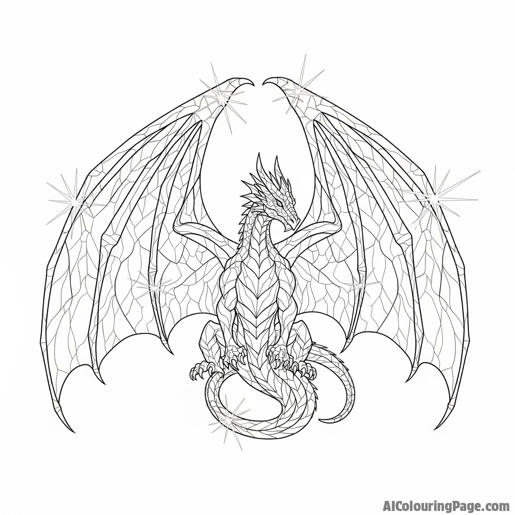 A dragon with wings like stained glass, light refracting through them.
