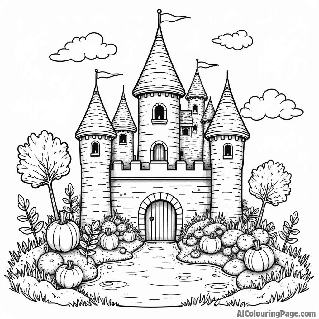 A whimsical carrot castle with turrets and flags, surrounded by a moat filled with vegetable-themed creatures and plants.