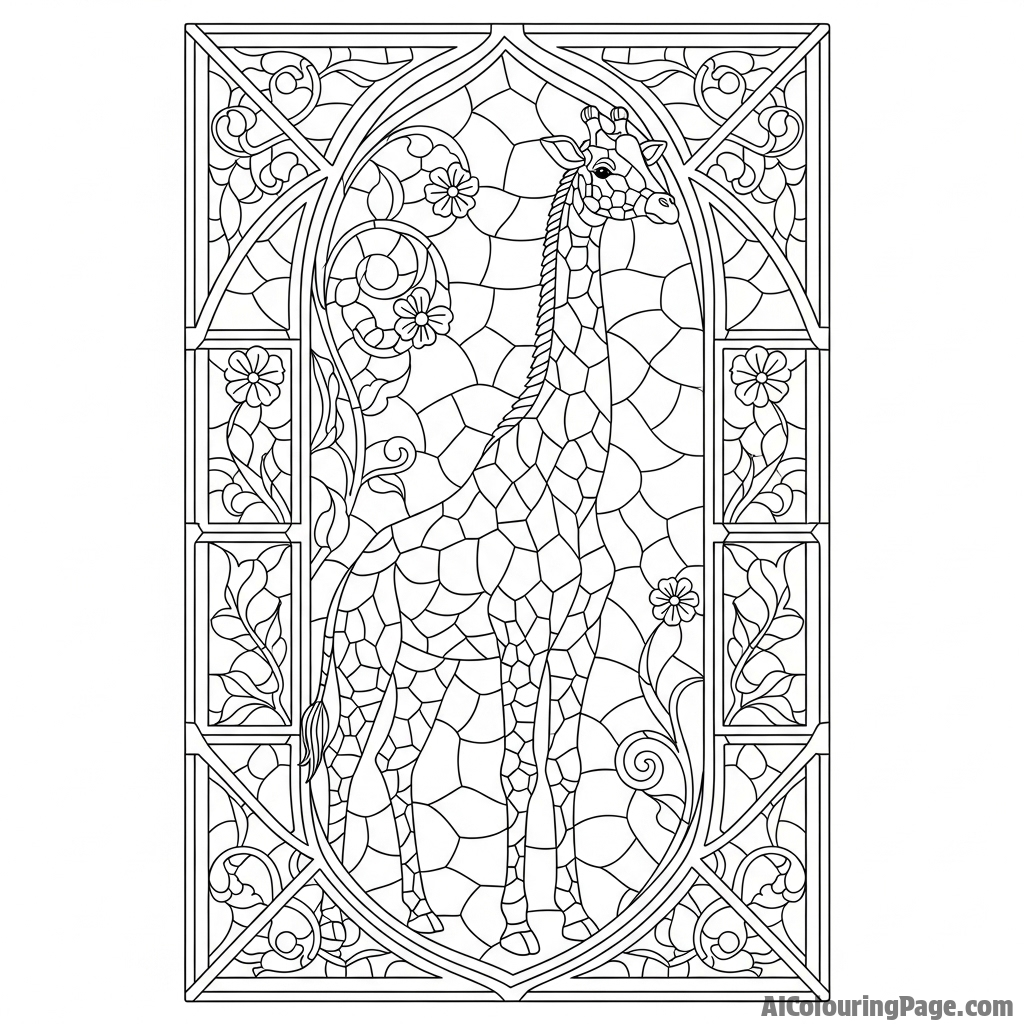 A stained glass window design featuring a majestic giraffe.