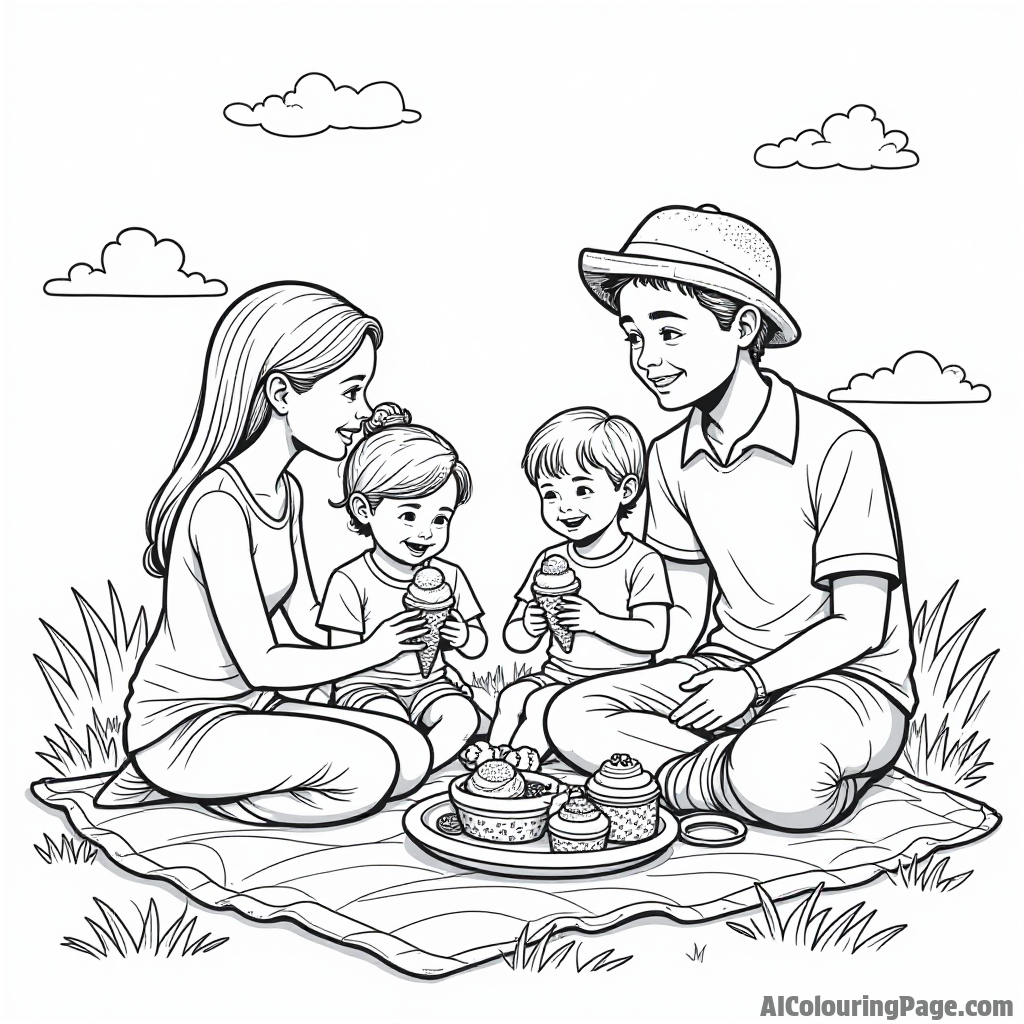 A family enjoying a picnic with various ice cream flavors and toppings spread out on a colorful blanket