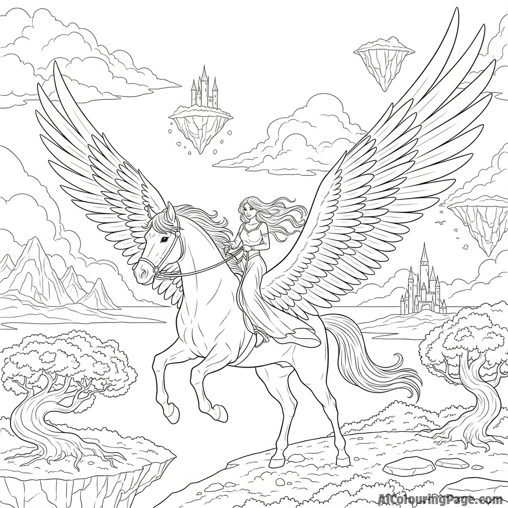 A fantasy landscape with Aphmau riding a majestic pegasus.