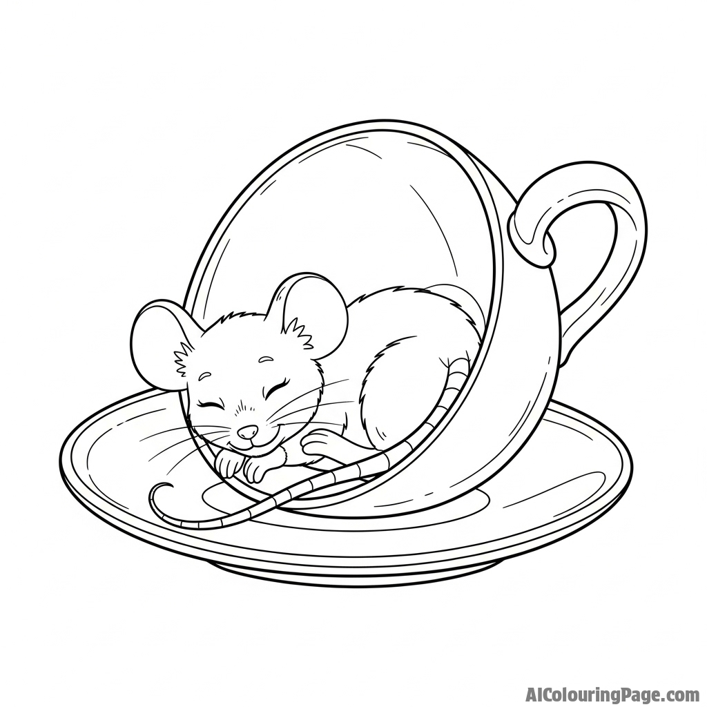 A mouse sleeping soundly, curled up in a discarded teacup.