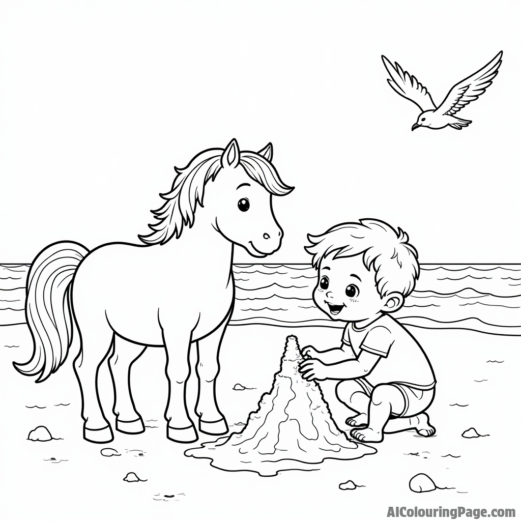 A pony and a child making sandcastles on a sunny beach with seagulls flying overhead and waves crashing.