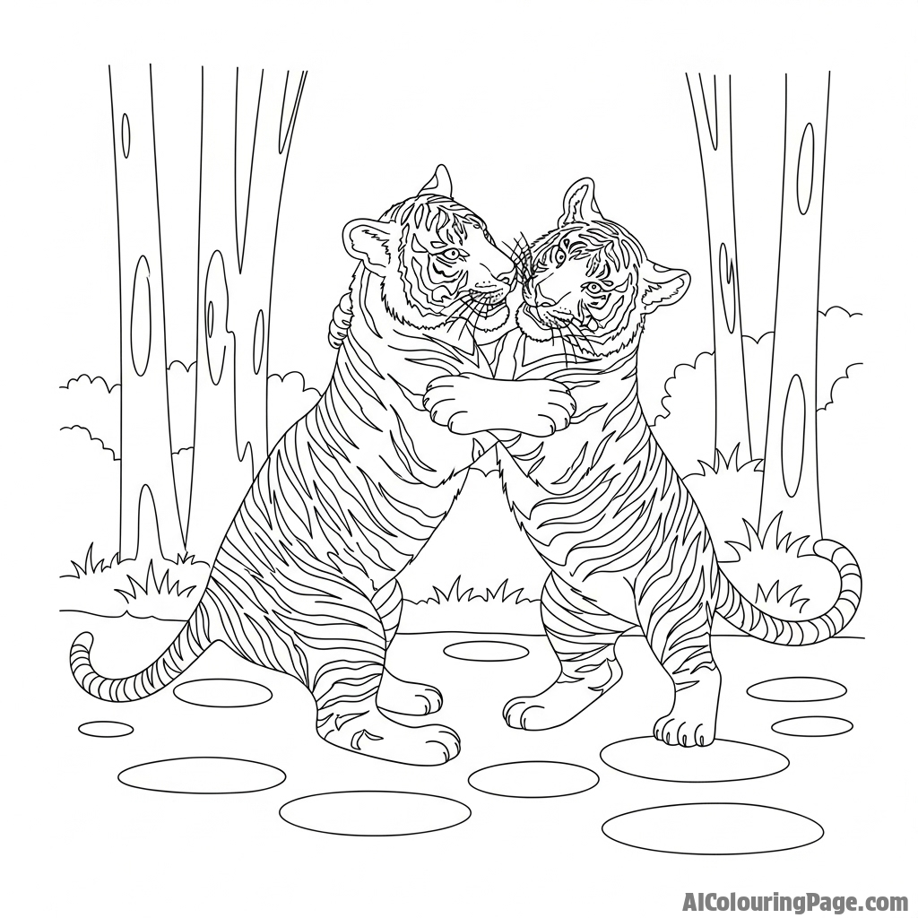 Two young tigers playfully wrestling in a sun-dappled clearing.
