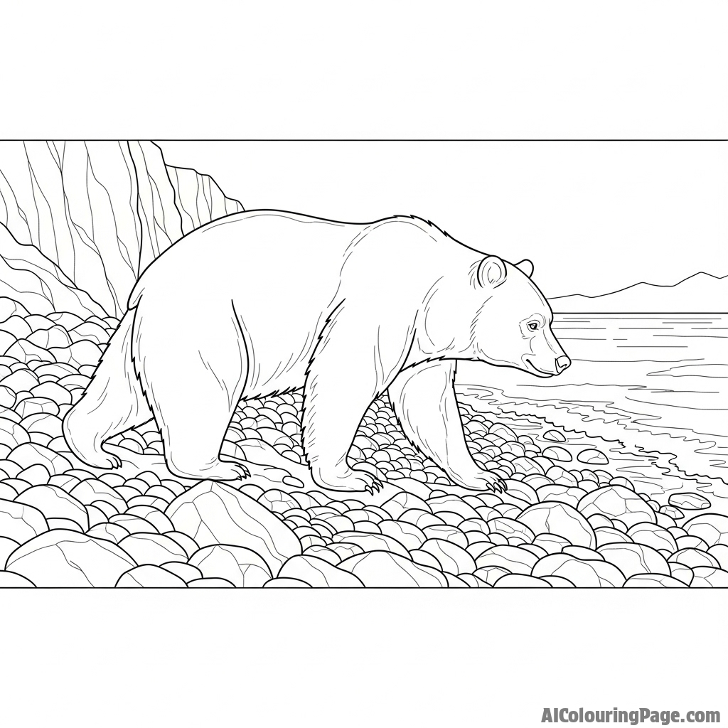 A bear walking along a rocky, desolate coastline.