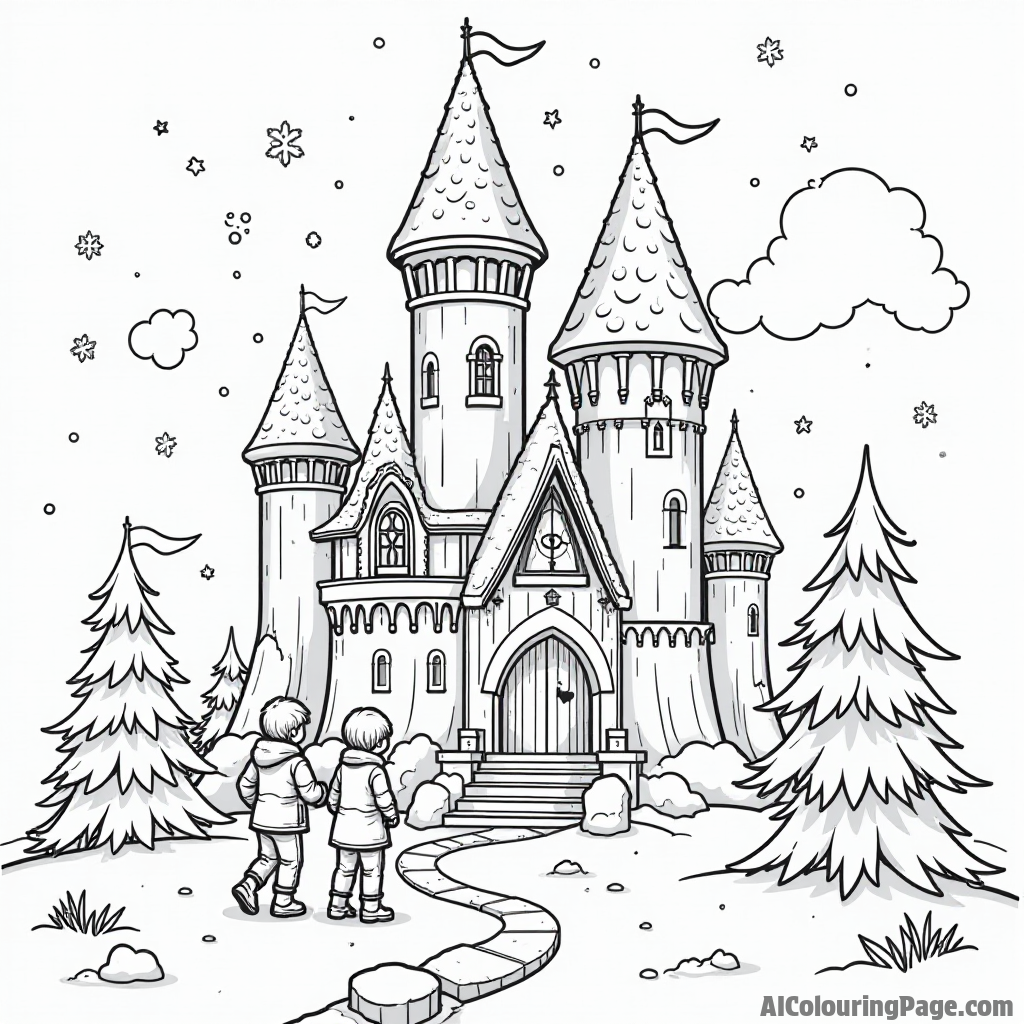 A magical winter castle made of ice and snow, with sparkling icicles hanging and kids exploring the frozen wonderland.