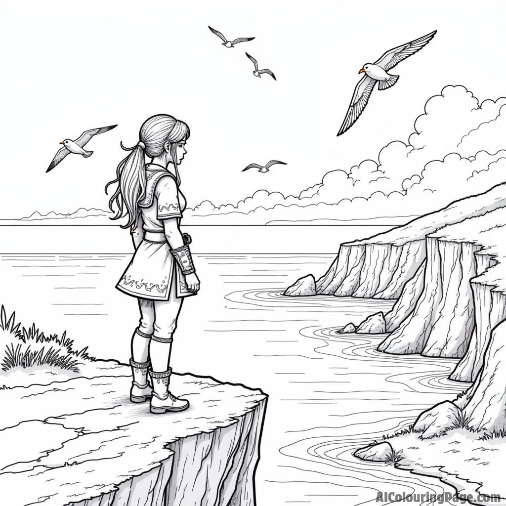 Zelda standing at the edge of a cliff with a majestic view of the ocean and seagulls flying overhead