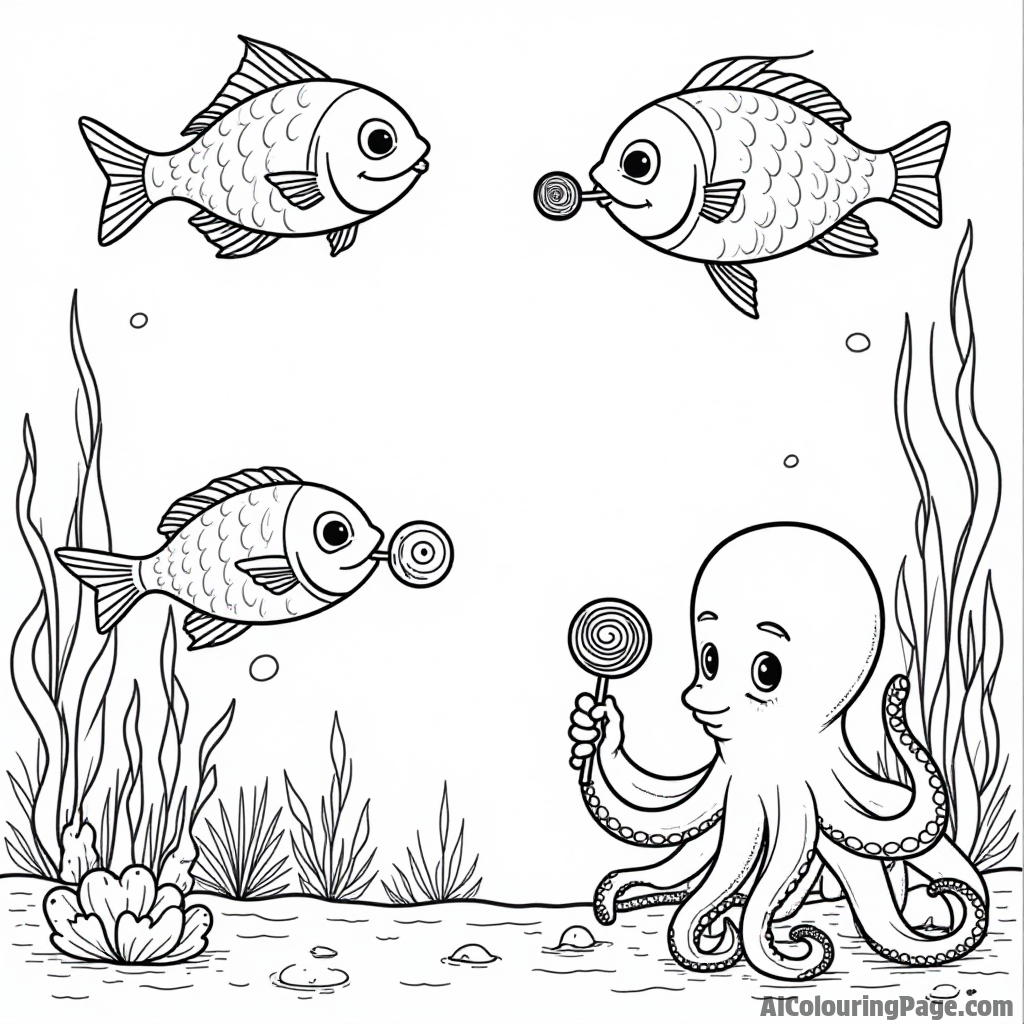 A whimsical underwater world with fish holding lollipops, seaweed swaying, and a curious octopus reaching for a treat