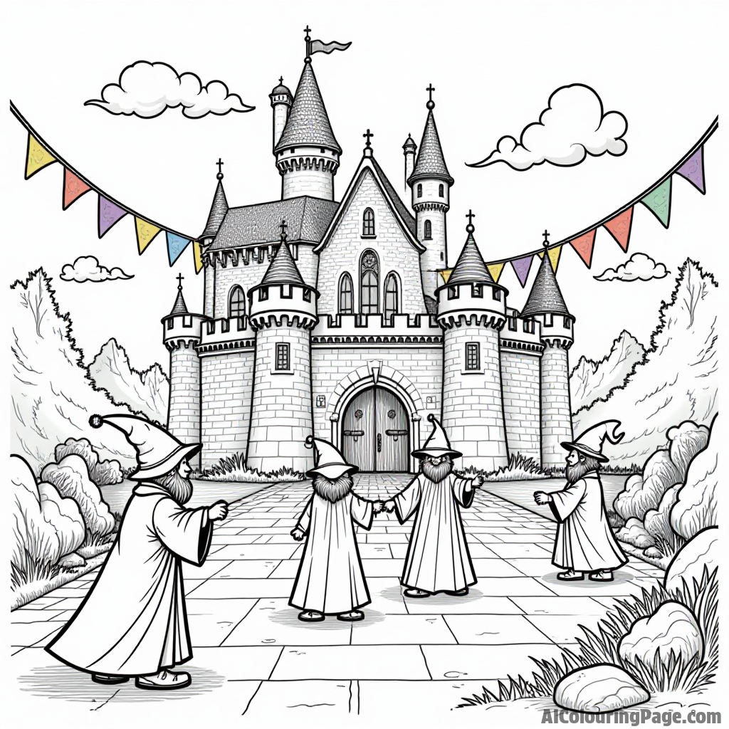 A castle courtyard filled with young wizards practicing spells, colorful banners flying, and enchanted creatures watching.