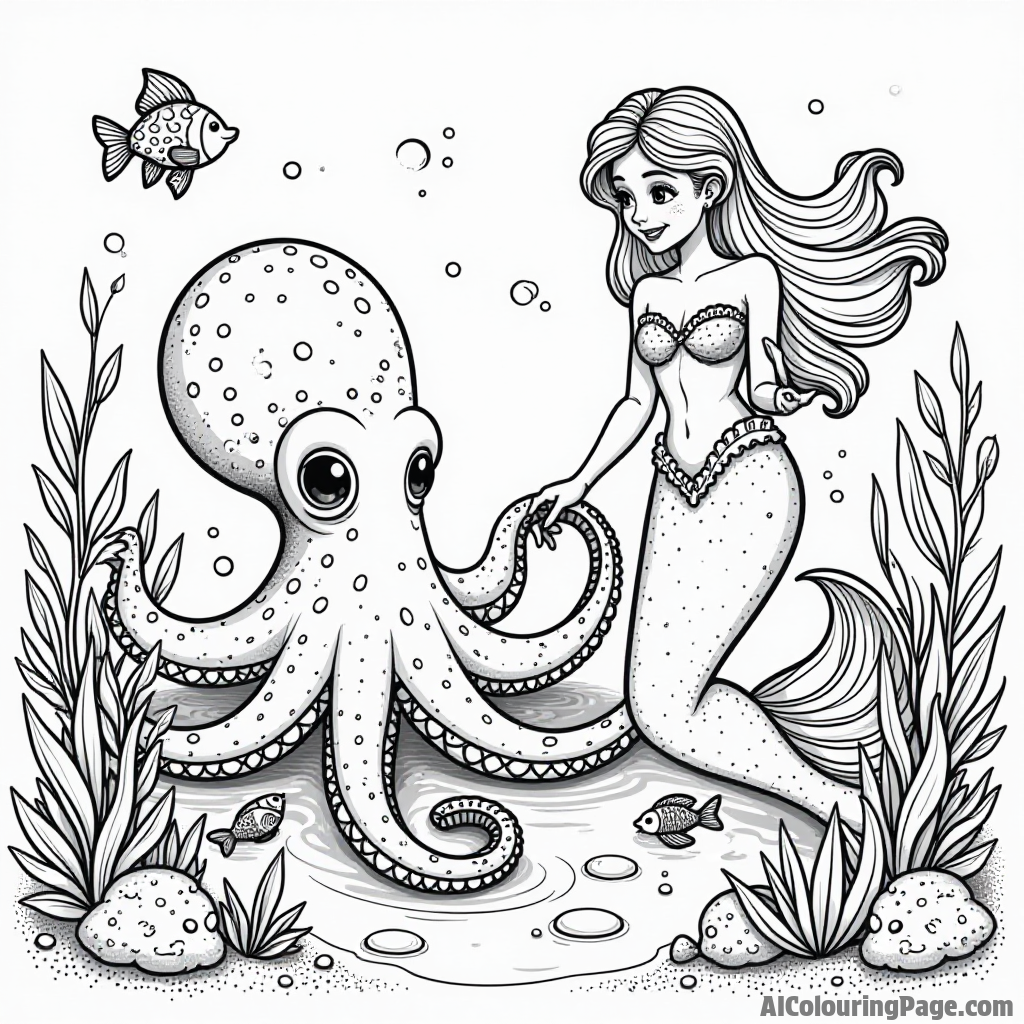 A playful octopus painting the ocean floor, while a mermaid watches in delight, surrounded by colorful fish.