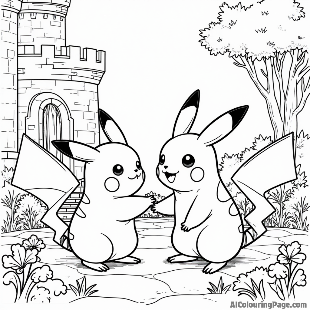 Pikachu making friends with a baby dragon in a castle courtyard with stones and flowers