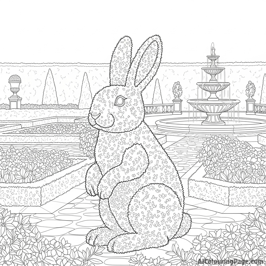 A rabbit-shaped topiary in a grand, formal garden.