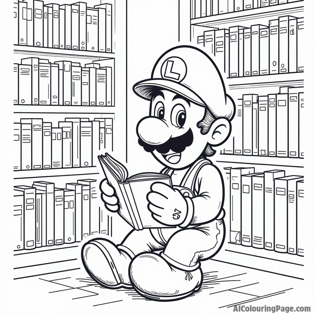 Luigi reading a book in a cozy library surrounded by shelves of colorful stories.