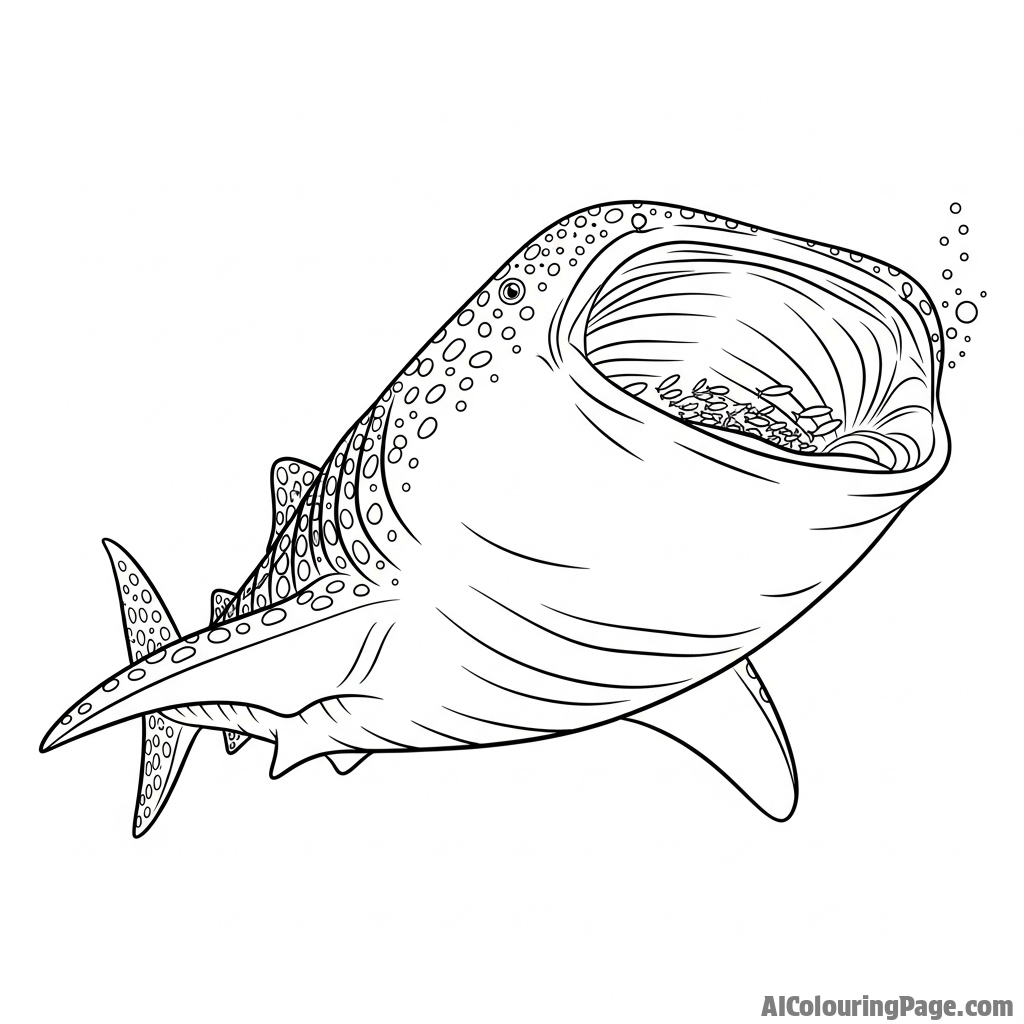A low-angle shot of a whale shark, its mouth open to filter feed.