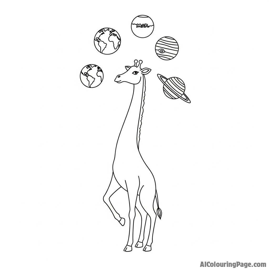 A whimsical watercolor painting of a giraffe attempting to juggle planets.