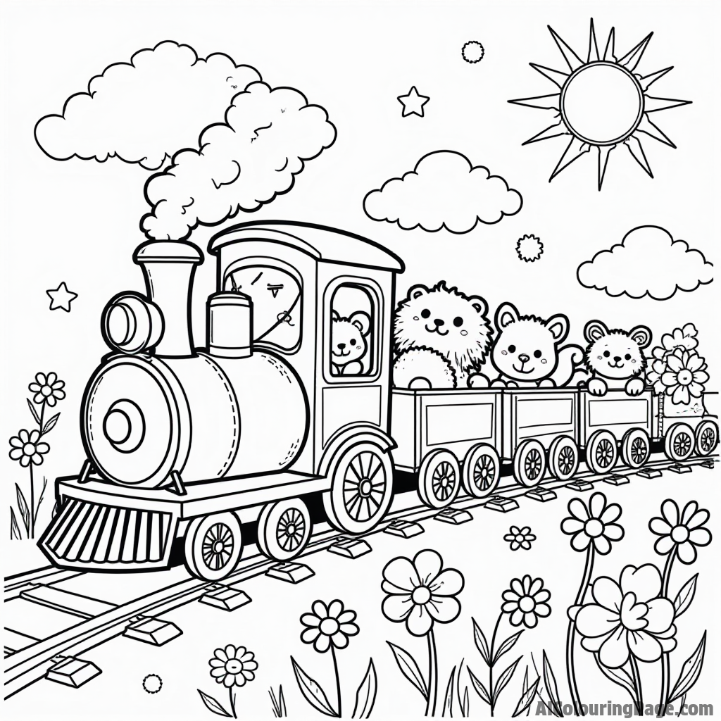 A charming train made of lollipops, carrying happy animals, colorful flowers along the tracks, and a bright sun shining