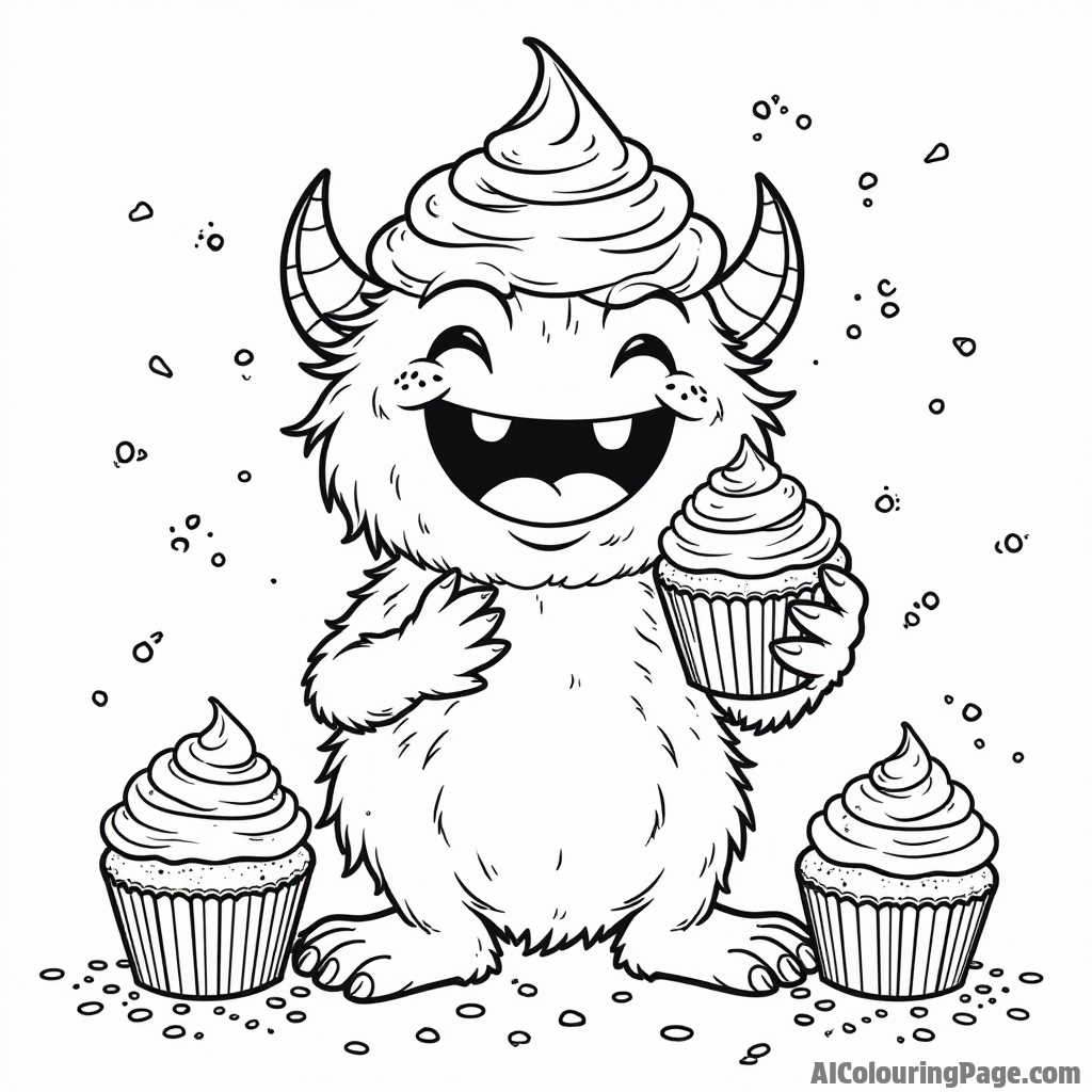 A cupcake monster playfully eating cupcakes with frosting smeared on its face, surrounded by scattered colorful sprinkles.