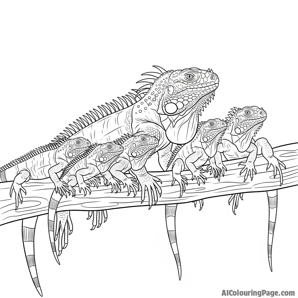 A family of iguanas of various sizes basking together on a single, wide branch.