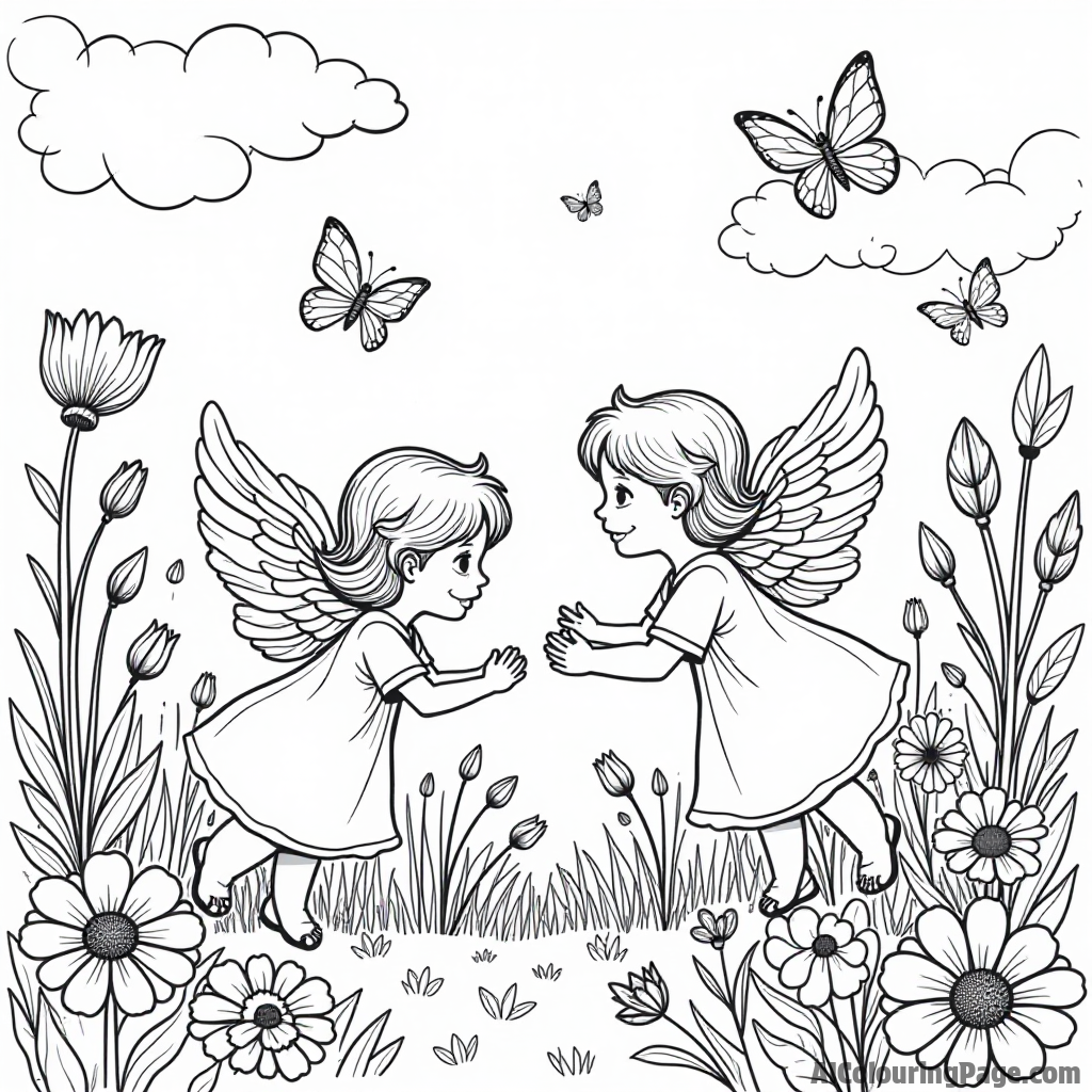 A whimsical scene of angels playing hide-and-seek in a garden filled with colorful flowers and butterflies.