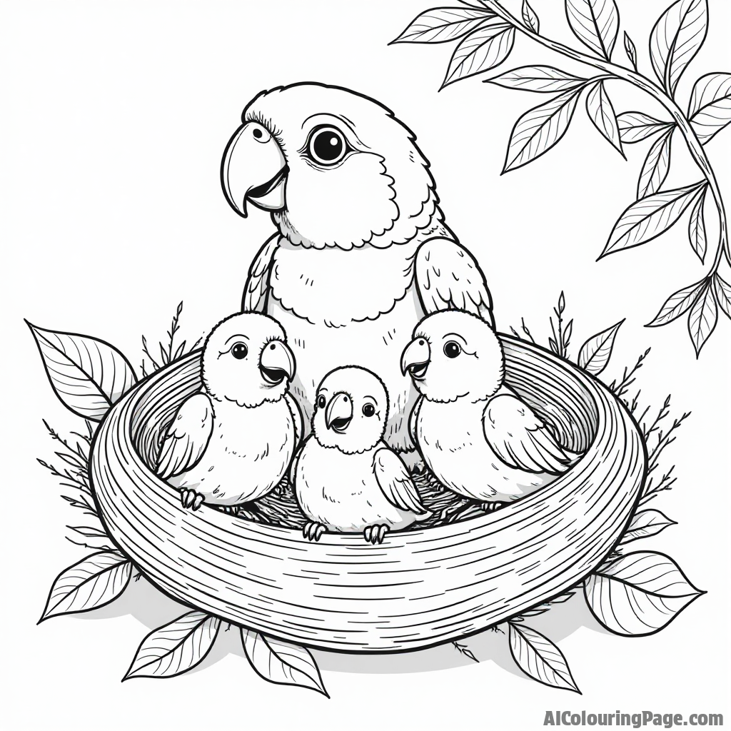 A parrot nestled in a cozy nest made of twigs and leaves, surrounded by baby birds peeking out