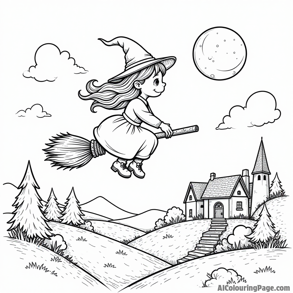 A cute little witch flying on her broomstick over a scenic village with a full moon illuminating the night.