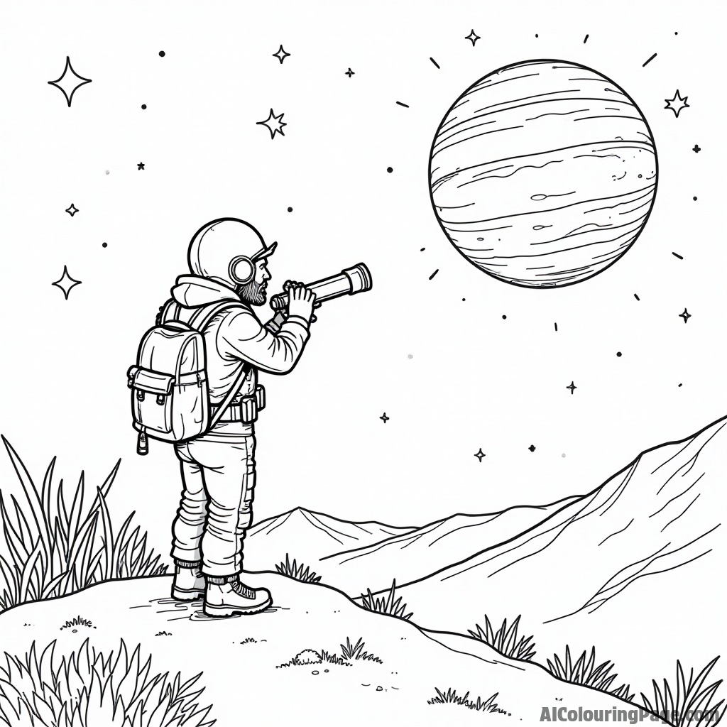 A space explorer peering through a telescope on a hilltop, with sparkling stars and an enormous planet in view.