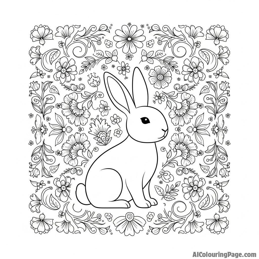 A folk-art style painting of a bunny surrounded by intricate, symmetrical floral patterns.
