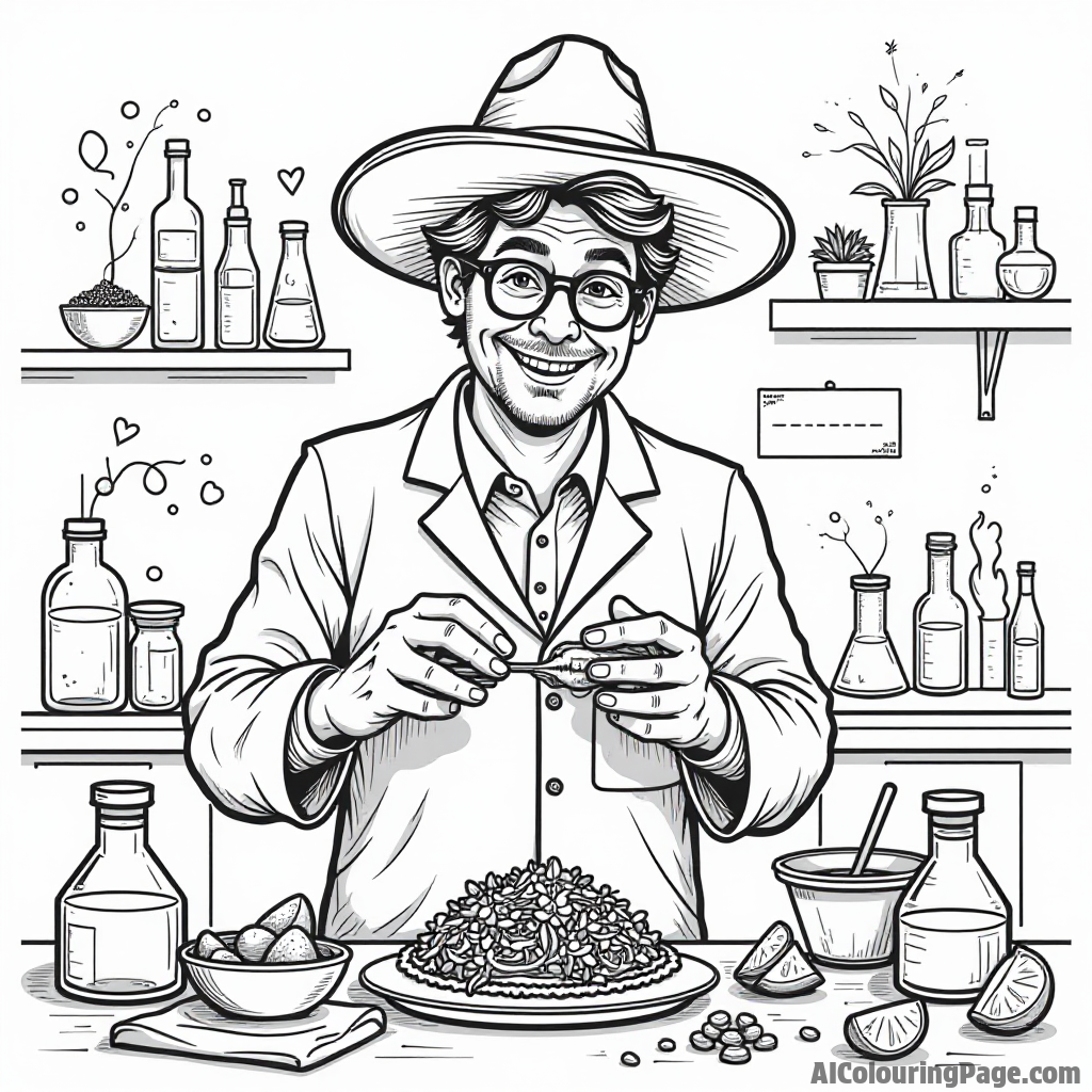 A taco scientist in a lab experimenting with flavors, surrounded by beakers and colorful ingredients for taco creations.