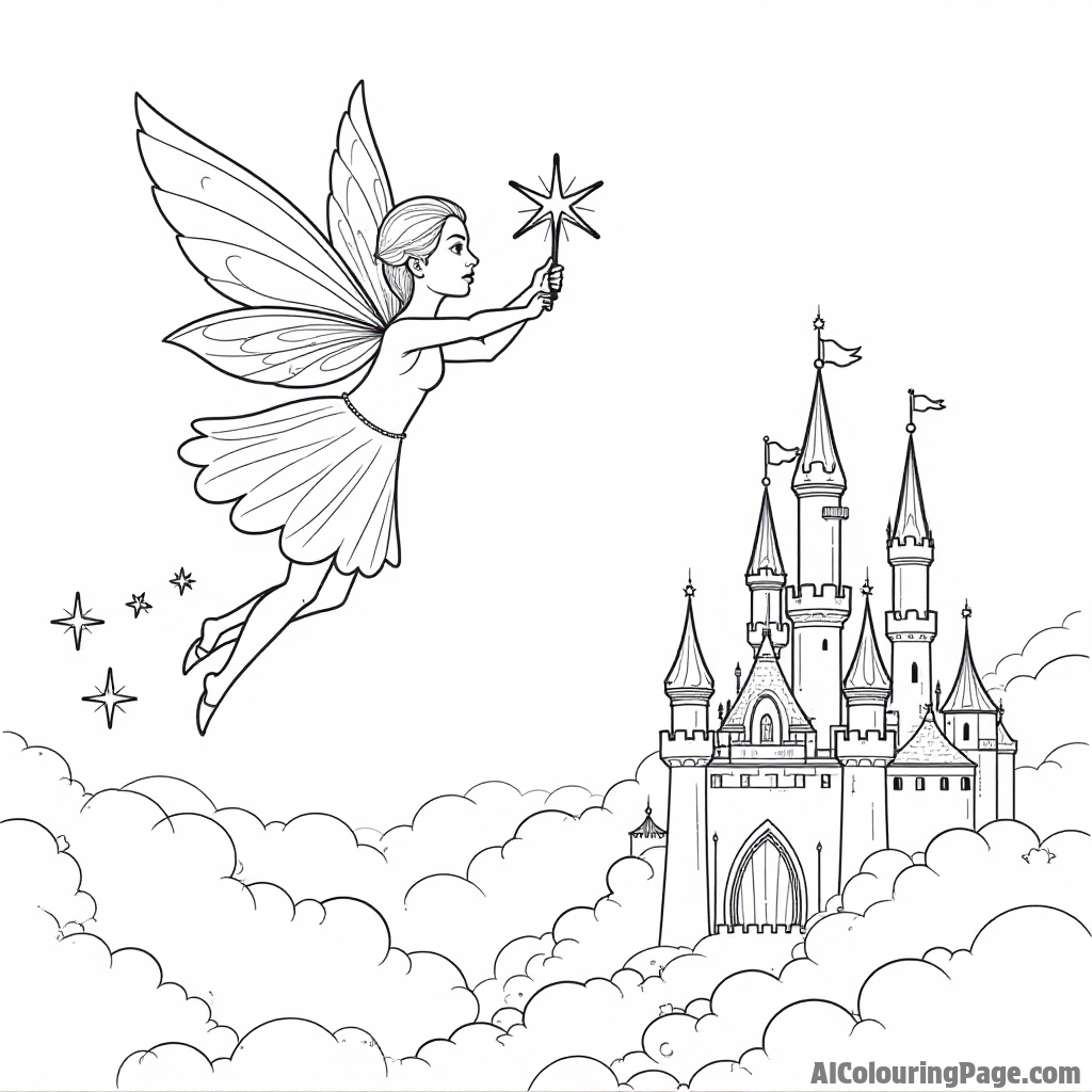 A fairy flying over a castle in the clouds, with a sparkling wand and a trail of stars behind her