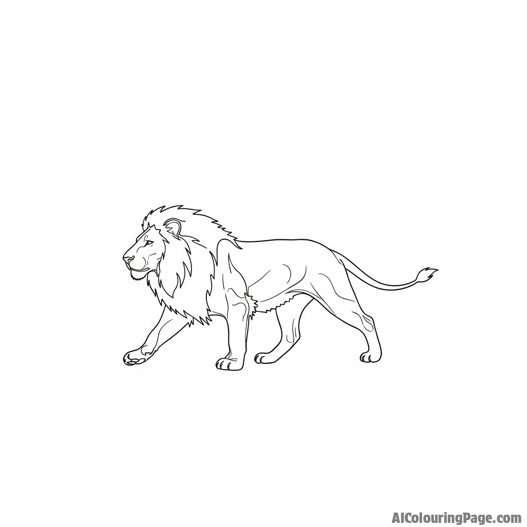 A minimalist, single-line drawing capturing a lion in motion.