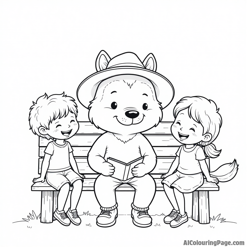 A friendly animal character wearing a hat, sitting on a bench, surrounded by children sharing stories and laughter