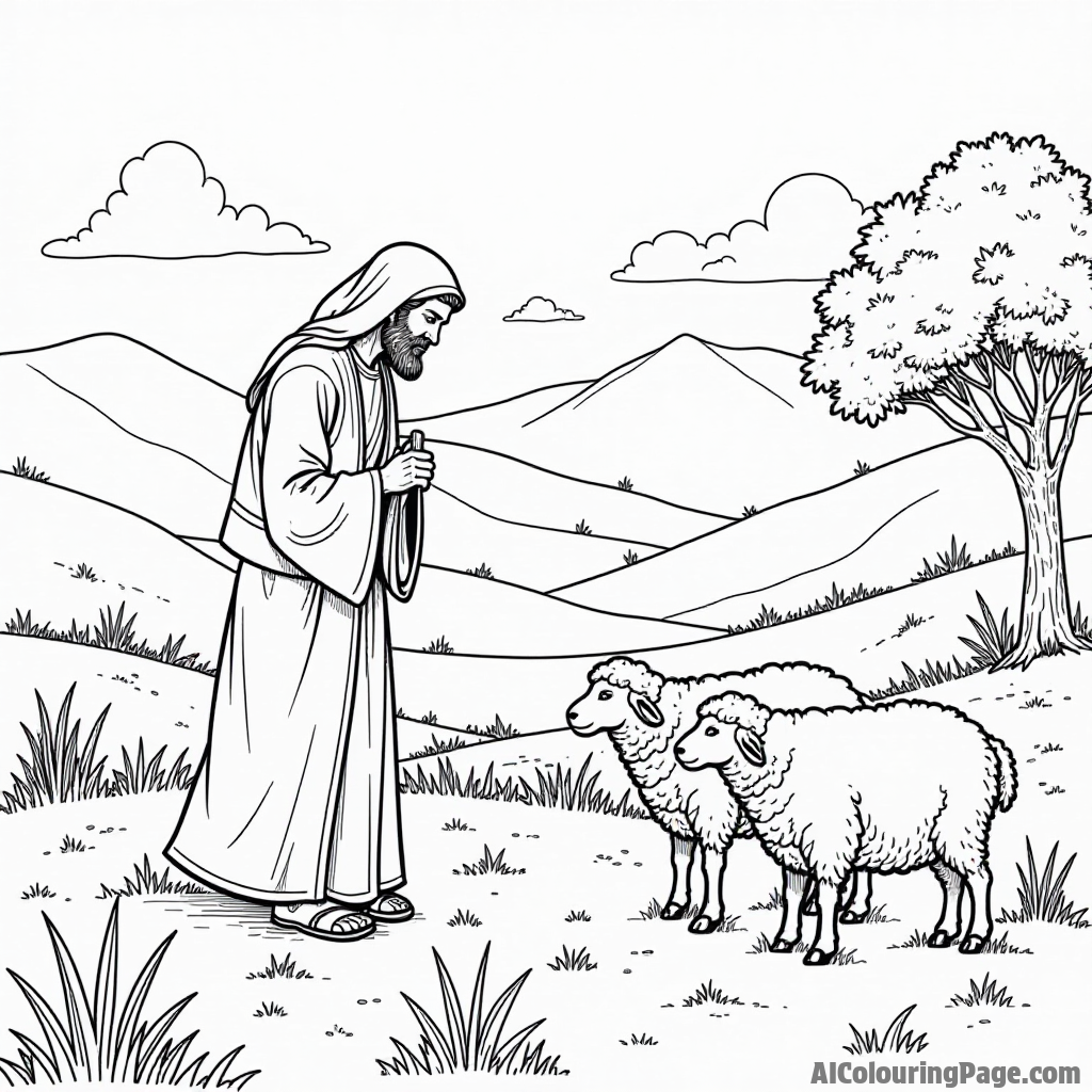 A vibrant depiction of the parable of the Lost Sheep, with a shepherd searching for his sheep in a valley.