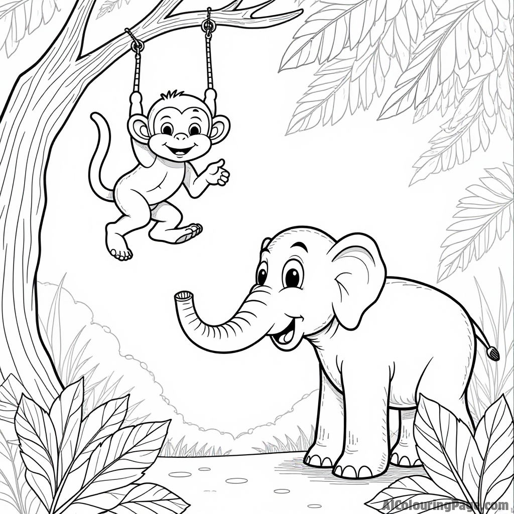 A playful monkey swinging on a vine next to a curious elephant in a lush jungle, surrounded by tropical leaves, perfect for an adventurous coloring page for kids exploring the wild.