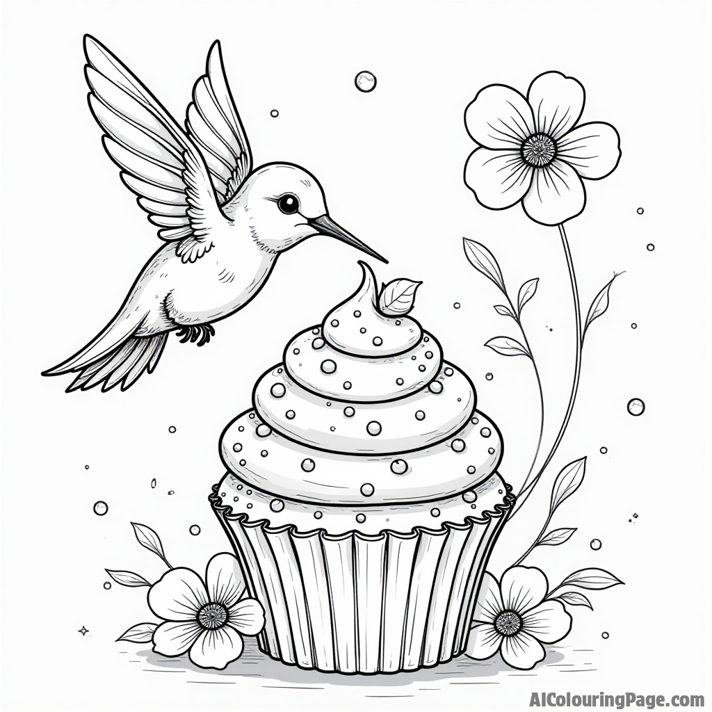 A happy hummingbird flying around a cupcake decorated with flowers and sprinkles in a magical bakery.