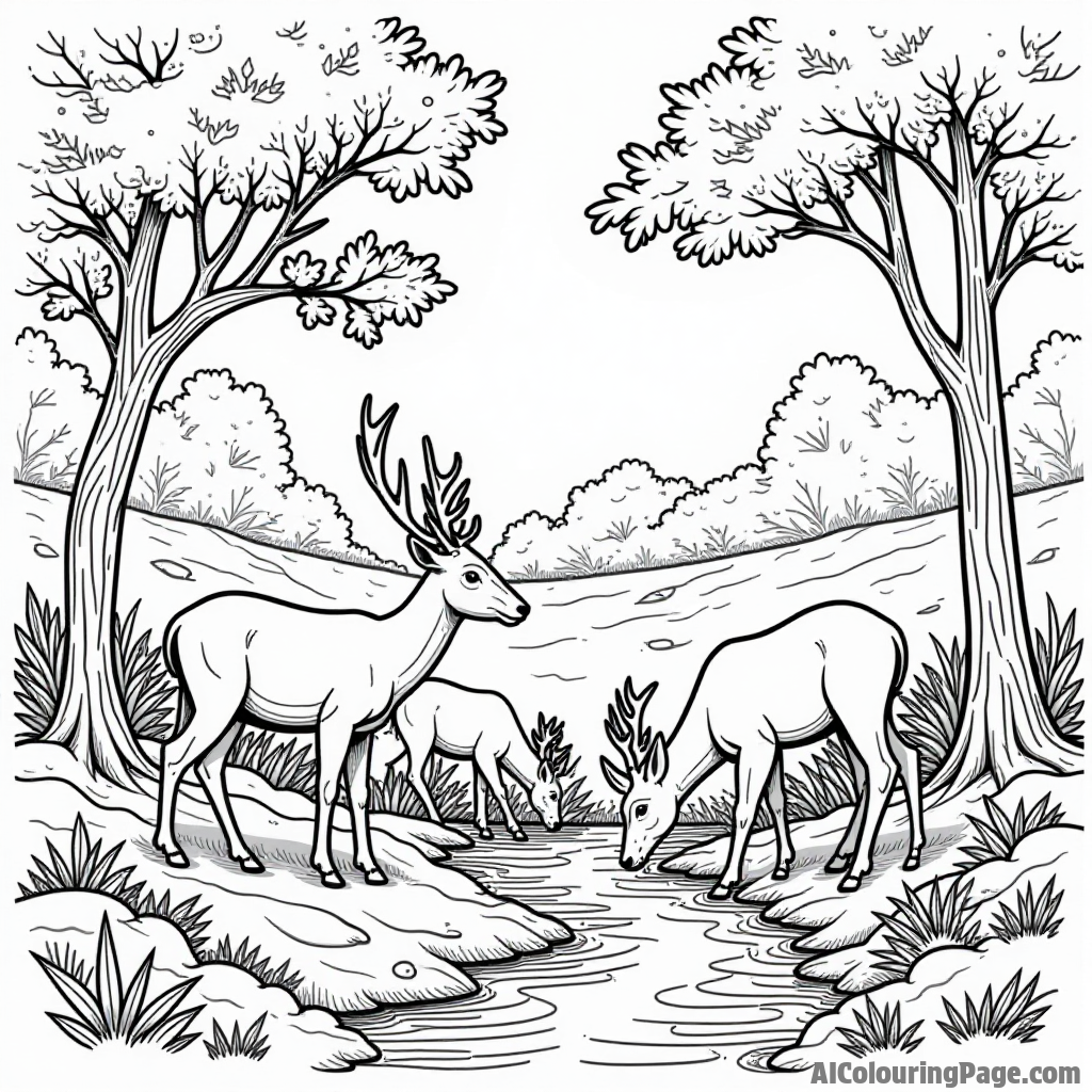 A family of deer grazing in a serene forest clearing, with colorful foliage and gentle streams flowing nearby.