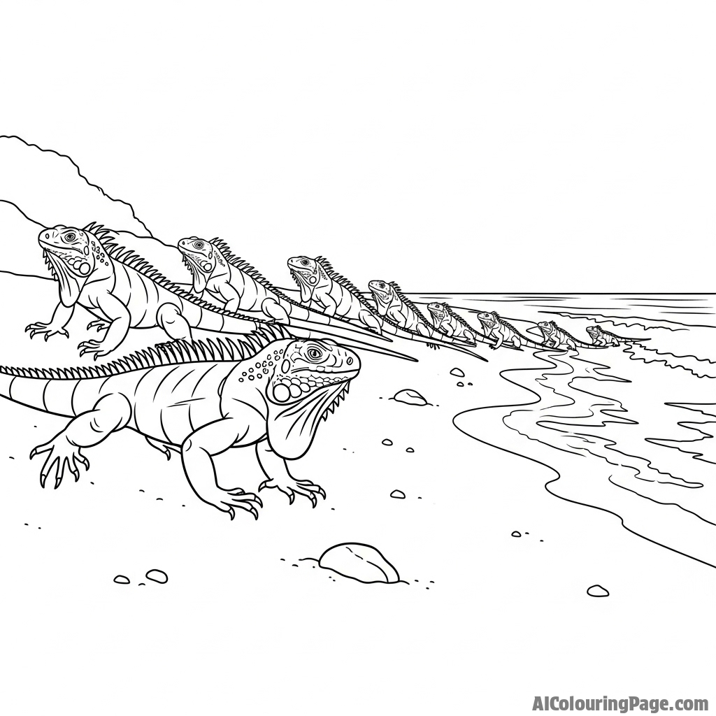 A line of iguanas marching along a sandy beach towards the surf.