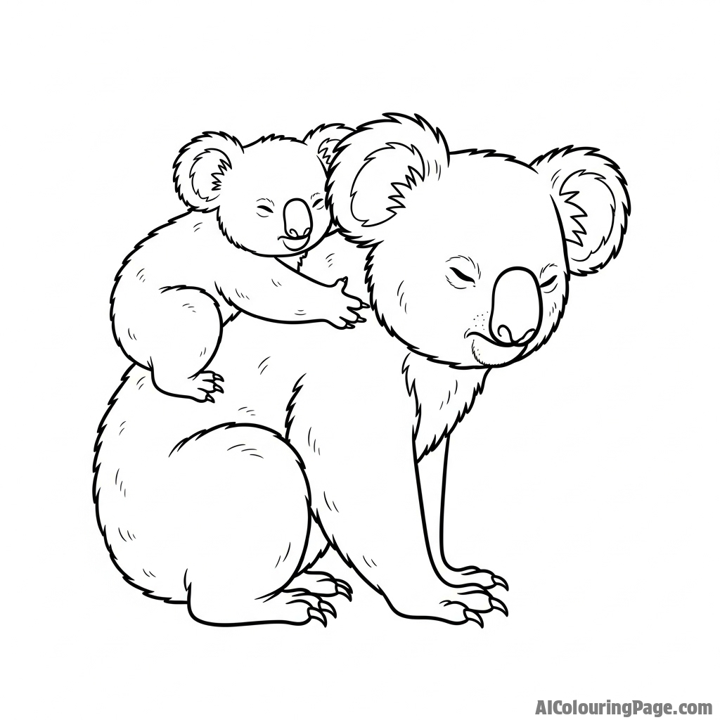 A fluffy koala joey clinging tightly to its mother's back.