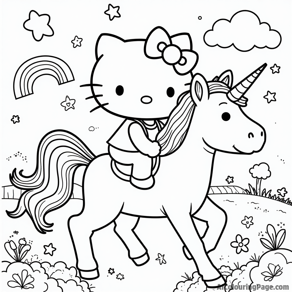 Hello Kitty riding a unicorn in a magical land with stars, rainbows, and fluffy clouds all around